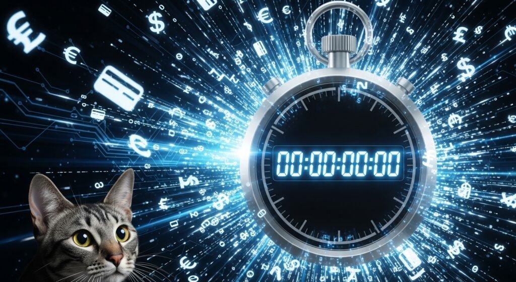 초고속 데이터 전송과 실시간 처리를 상징하는 디지털 시계와 비트 데이터