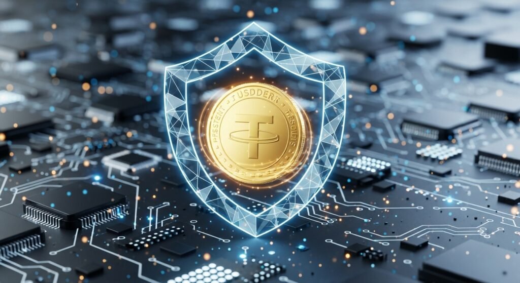 안전한 코인 입출금을 상징하는 디지털 보안 실드와 테더 코인 그래픽