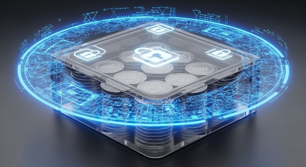 디지털 자물쇠와 보안 레이저로 보호되고 있는 테더 코인 자산 그래픽