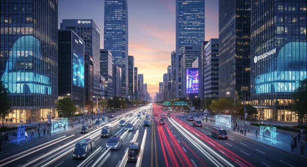 대한민국 금융 및 기술 혁신의 중심지인 서울 강남구 테헤란로의 미래적 풍경