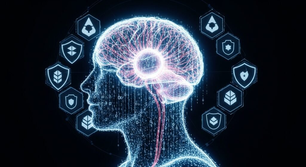 복잡한 암호화 데이터와 인공지능 뇌 형상이 결합된 보안 시스템 이미지