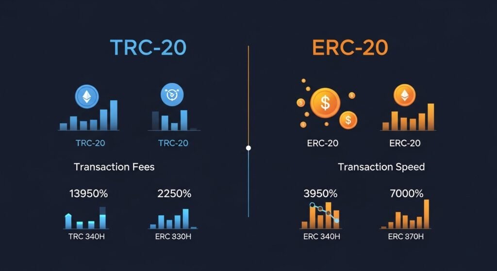 트론 네트워크와 이더리움 네트워크의 테더 전송 수수료 및 속도 비교표
